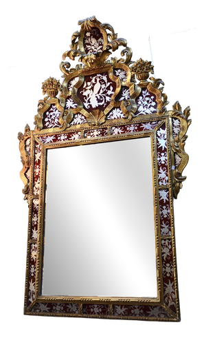 Baroque Style Gilded Wood Mirror with Reverse Glass Panels, Italy, 19th Century