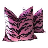 “Tigre”Hot Pink and Black Silk Velvet Tiger Stripe Down Filled Pillows - a Pair For Sale