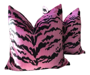 “Tigre”Hot Pink and Black Silk Velvet Tiger Stripe Down Filled Pillows - a Pair