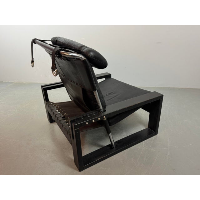 1970s Brutalist Black Leather Armchair with Black Wooden and Metal Chrome Frame by Sonja Wasseur, Netherlands, 1970s For Sale - Image 5 of 18