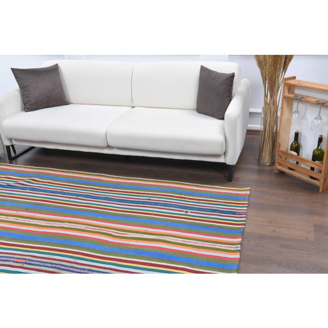 Vintage Turkish Oushak Handmade Wool Cotton Blue Kilim Area Rug For Sale - Image 4 of 11