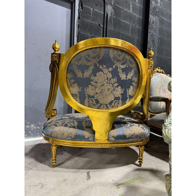 French French Louis XV Blue Accent Chair With Gold Leaf For Sale - Image 3 of 12
