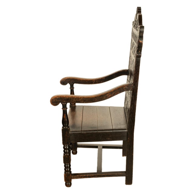 Wood Antique 17th Century English Charles II Oak Carved Wainscot Armchair 1680 For Sale - Image 7 of 13