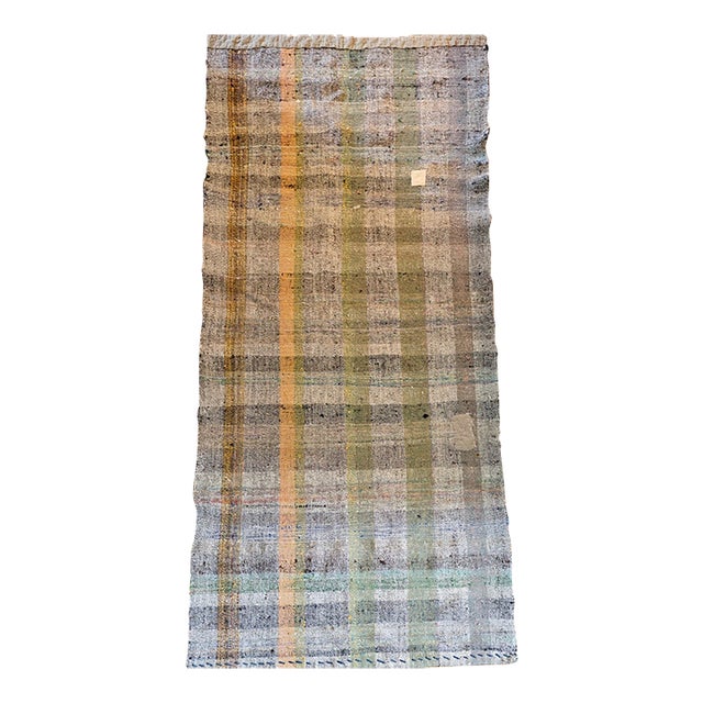 Vintage Turkish Kilim Runner, Flatwoven Wool, Stripe Pattern, Ivory & Green, 3x7 For Sale