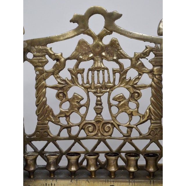 Brass Antique 19th C. Polish Brass Bench Menorah Hanukkah Lamp Lions Birds Openwork For Sale - Image 8 of 18