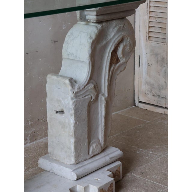 White Antique Baroque Marble Console Table with Glass Top For Sale - Image 8 of 16