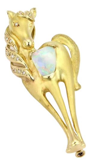 Horse Fire Opal & Diamonds 18k Yellow Gold Pendant Brooch