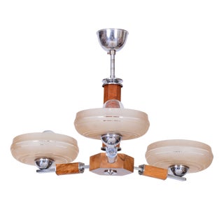Art Deco Chandelier in Chromed Steel, Walnut and Glass, Czech, 1920s For Sale