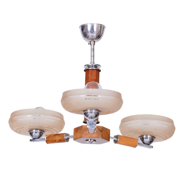 Art Deco Chandelier in Chromed Steel, Walnut and Glass, Czech, 1920s For Sale