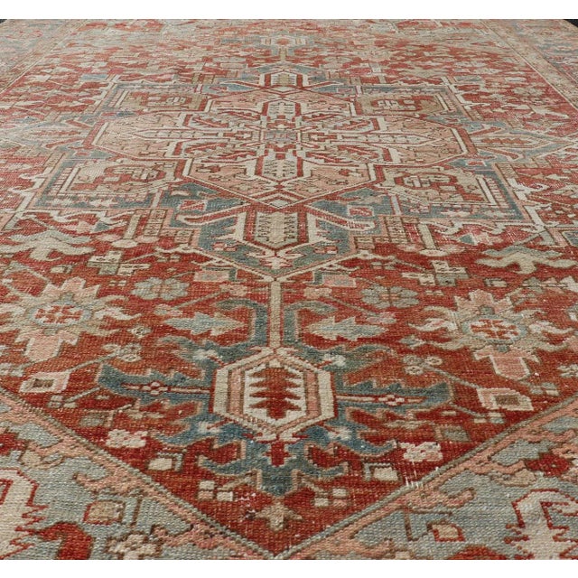 Persian Early 20th Century Antique Heriz Rug With All-Over Medallion Design in Red, Blue, Pink, Tan & Brown For Sale - Image 3 of 13