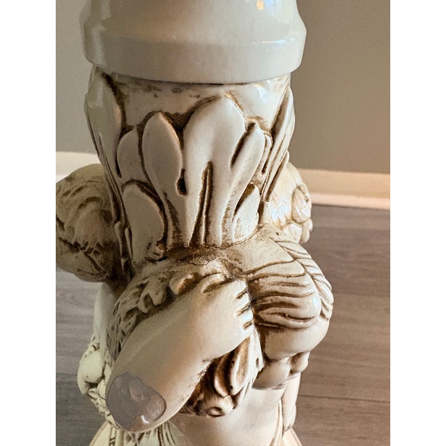 Gold Restored Vintage Cherub Pedestal in Green Marble Top, With Oak Restoration Instead of Cork For Sale - Image 8 of 8