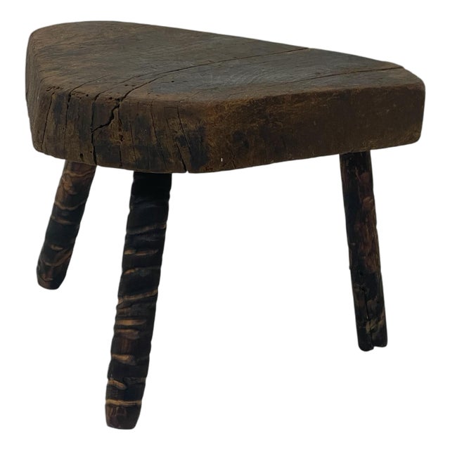 Early 20th Century Primitive Hand-Worn Wooden Milking Stool For Sale