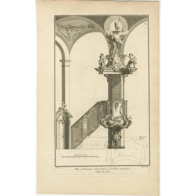 This is an original antique architectural design for a pulpit in baroque style with archway and balustrade dating...