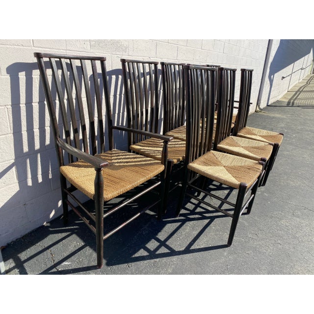 2000 - 2009 Set of 8 Elegant Dining Chairs: Tall Back Dessin Fournir Slat Back Black Hand Rubbed Ebonized Wood With Rush Seats. Set of 8 For Sale - Image 5 of 12