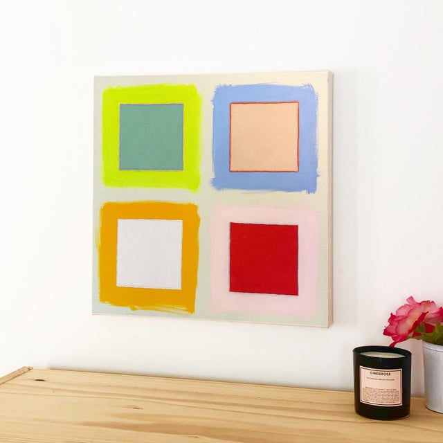 Contemporary Original Painting | Multicolor, Green, Blue and Pink Sqaures Abstract Painting, 20 X 20 In. For Sale - Image 3 of 4