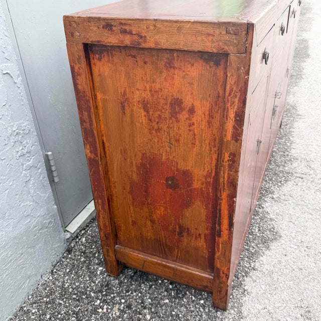 Wood Chinese Red Hand Painted Credenza/Wedding Cabinet For Sale - Image 7 of 11