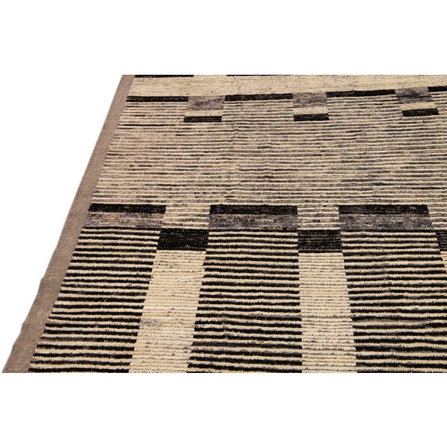 Modern Beige Moroccan Style Handmade Brown Geometric Pattern Wool Rug For Sale - Image 9 of 10