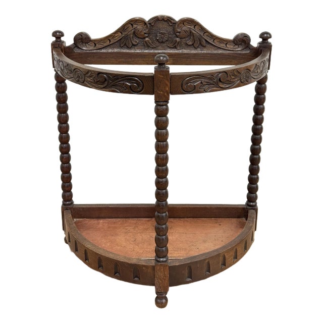 Antique English Edwardian Carved Wood Umbrella Stand For Sale