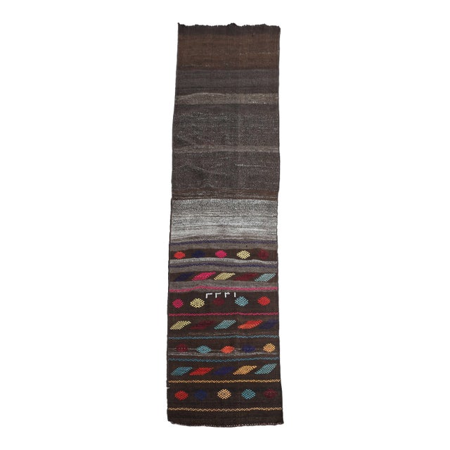 1970s Vintage Handmade Wool Cotton Brown Runner Rug For Sale