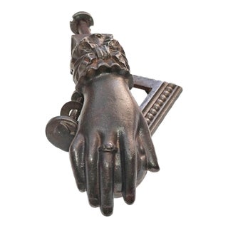 Rare 19th Century French Cast Iron Door Knocker "Hand of Hospitality" by Cheminée Forges (Haute-Marne), With Original Plate For Sale