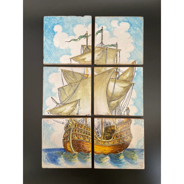 Hand Painted Caravel Sailing Ship Polychrome Portuguese Azulejos Tile Mural - Set of 6 For Sale - Image 13 of 13