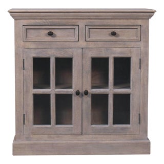 Mango Wood Display Cabinet With Glass Doors and Brass Hardware For Sale