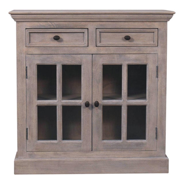Mango Wood Display Cabinet With Glass Doors and Brass Hardware For Sale
