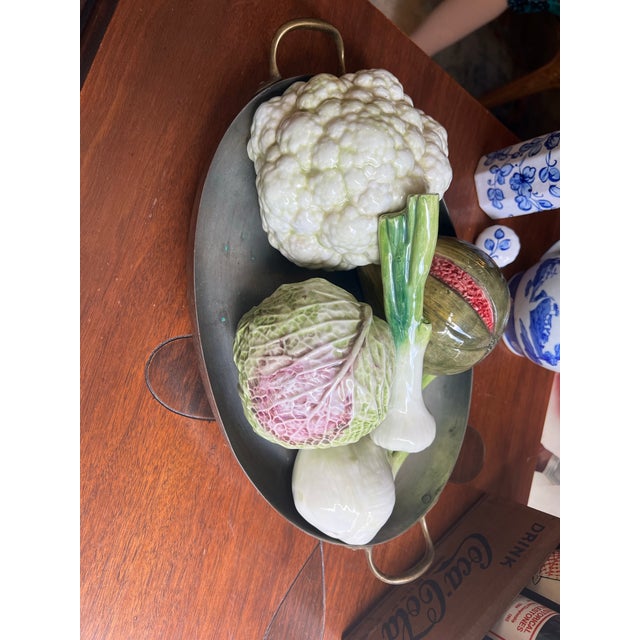 1970s Set of 6, Vintage Ceramic Vegetable and Metal Basket Set For Sale - Image 5 of 11