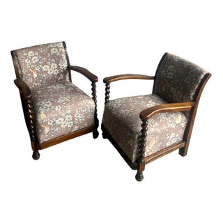 Vintage Floral and Birds Armchairs with Barley Twist Wood, Set of 2 For Sale