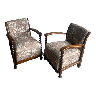 Vintage Floral and Birds Armchairs with Barley Twist Wood, Set of 2 For Sale