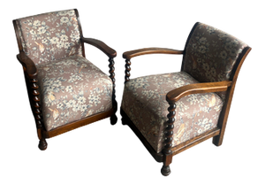 Vintage Floral and Birds Armchairs with Barley Twist Wood, Set of 2