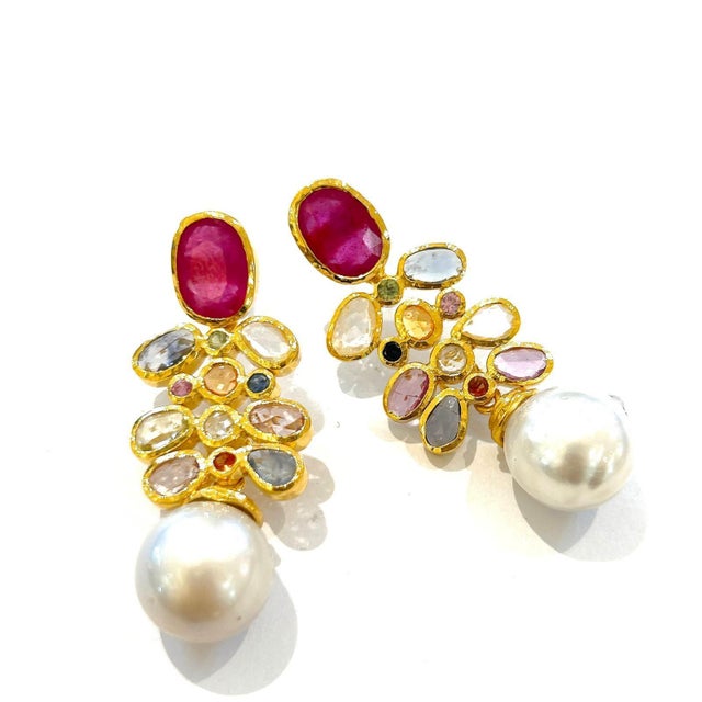 Bochic "Capri" Vintage Ruby & Multi Sapphire Earrings Set In 18K Gold & Silver For Sale - Image 4 of 18
