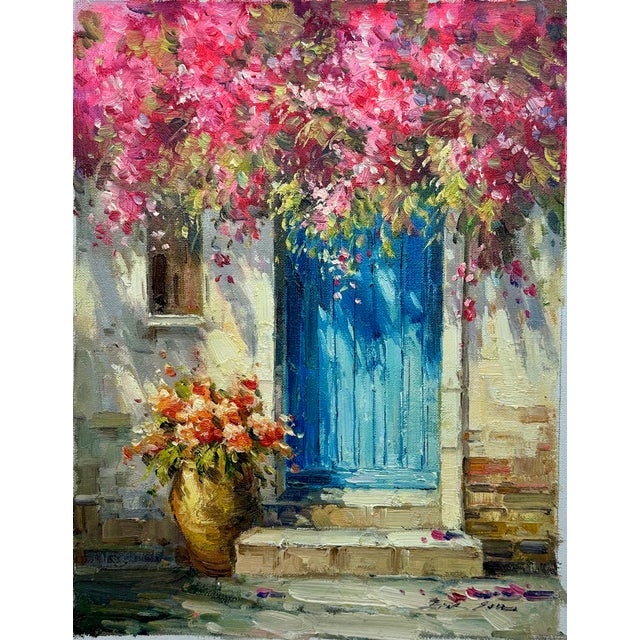 Mediterranean Original Coastal Doorway Oil Painting by Eric Sam — Architectural Seaside Scene on Canvas, 12 × 16 For Sale - Image 3 of 3