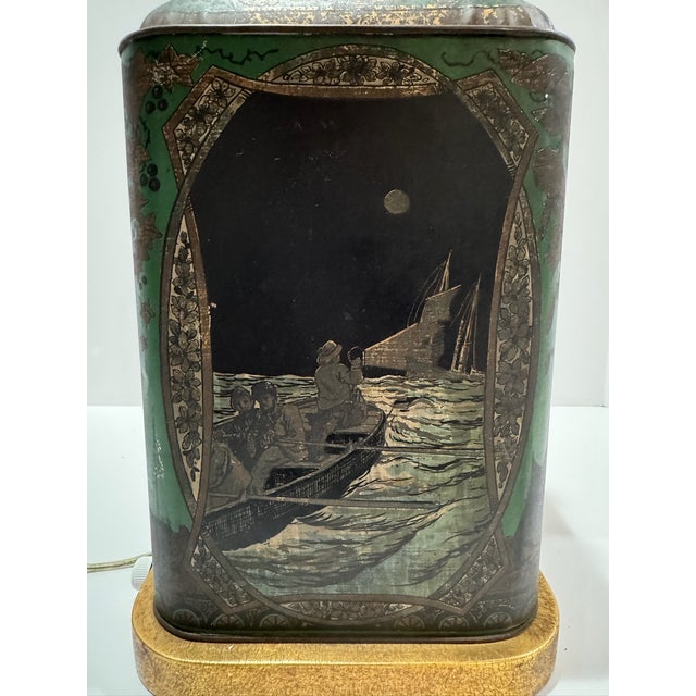 Metal Vintage Tole Tea Tin Table Lamp Nautical Sailing Ships Tole Double Socket For Sale - Image 7 of 13