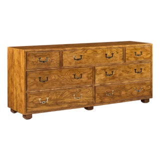 Henredon Campaign Mid Century Oak and Brass Lowboy Dresser For Sale
