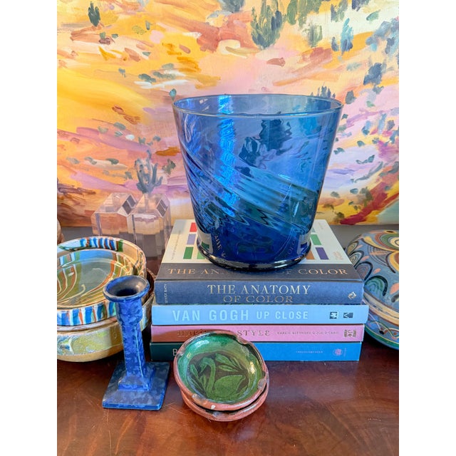 Lovely and large cobalt optic blown glass ice bucket or champagne chiller. This piece is wonderful and would add some...