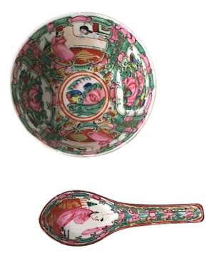 Famille Rose Bowl and Spoon Porcelain, Hong Kong Export, 2 Avail.