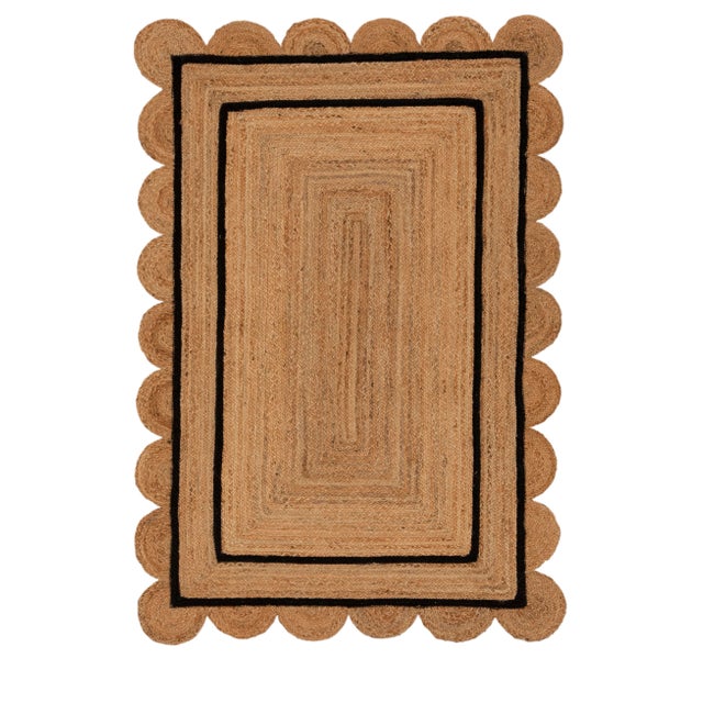 Not Yet Made - Made To Order 4x6 Ft. Black Double Line Border Braided Jute Scallop Rug For Sale - Image 5 of 5
