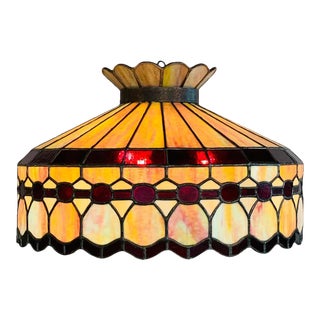 Mid 20th Century Tiffany Style Leaded Glass & Patinated Bronze Pendant or Chandelier For Sale