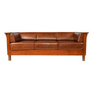 Crafters and Weavers Craftsman Cubic Panel Side Sofa in Chestnut Brown Leather For Sale