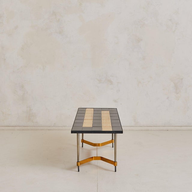 Modern French Gilt + Black Tile-Top Coffee Table with Metal Base, 1970s For Sale - Image 3 of 9