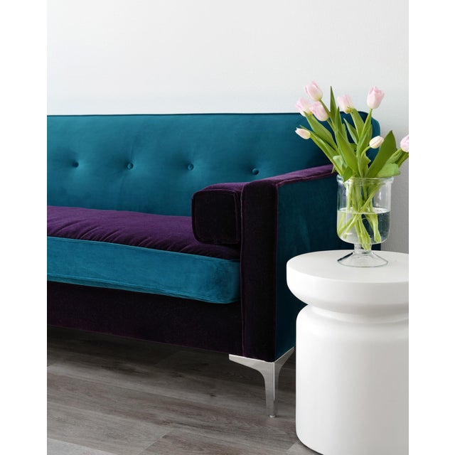 Textile Custom Reimagined 88" Mid-Century Modern Style Two-Tone Teal Velvet and Dark Purple Mohair Sofa For Sale - Image 7 of 7