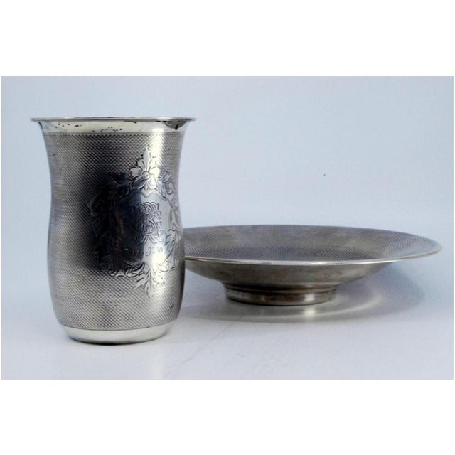 Metal Brushed Silver Plate and Cup with Monogram Card, Set of 2 For Sale - Image 7 of 9