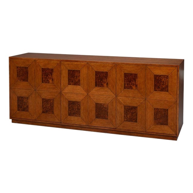 Old-World Marquetry Credenza, 86" - Walnut and Oak With Burl-Inset For Sale