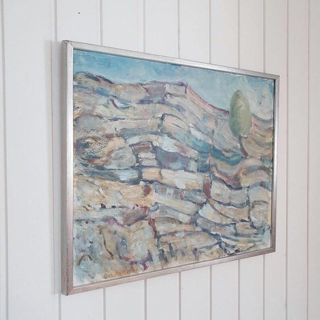 An original swedish mid-century oil painting on canvas by arnold axelsson (1912–1976), depicting an abstract scandinavian...