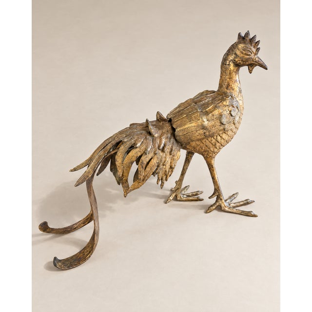 Japanese Vintage Japanese Gold-Tone Metal Rooster Sculpture For Sale - Image 3 of 6
