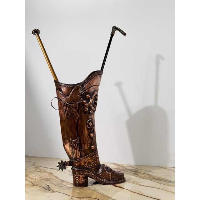 Copper Italian Mid-Century Copper Western Boot Umbrella Stand, Repoussé Decoration, 70s, 1970s For Sale - Image 8 of 18