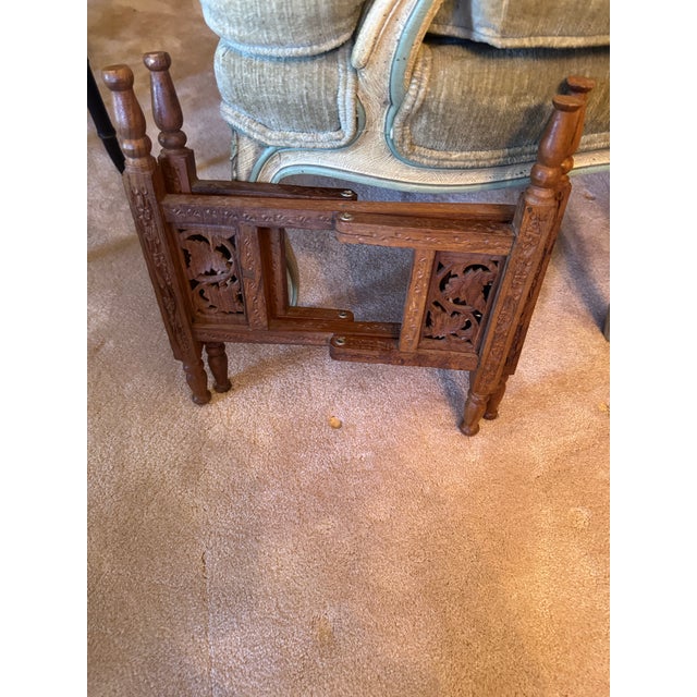 1960s Small Moroccan Engraved Brass Tray With Scalloped Top on Carved Stand For Sale In Dallas - Image 6 of 8