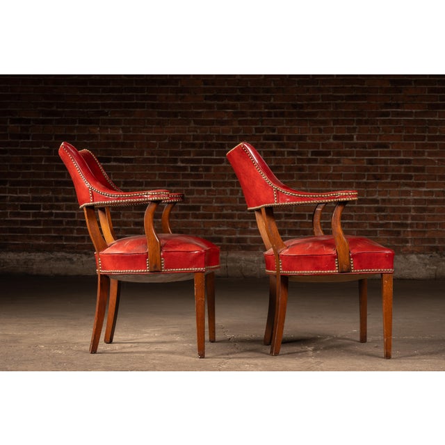 Mid 20th Century Pair of Brass Nailhead Leather Captain’s Armchairs in Burnt Orange For Sale - Image 4 of 7