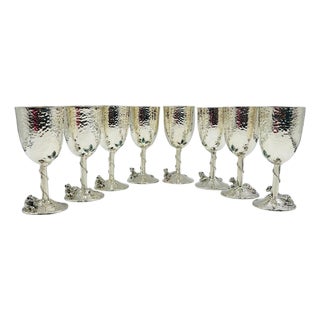 1980s Set of 8 Silver Plated & Crushed Emerald Wine/Water Goblets by Emilia Castillo For Sale